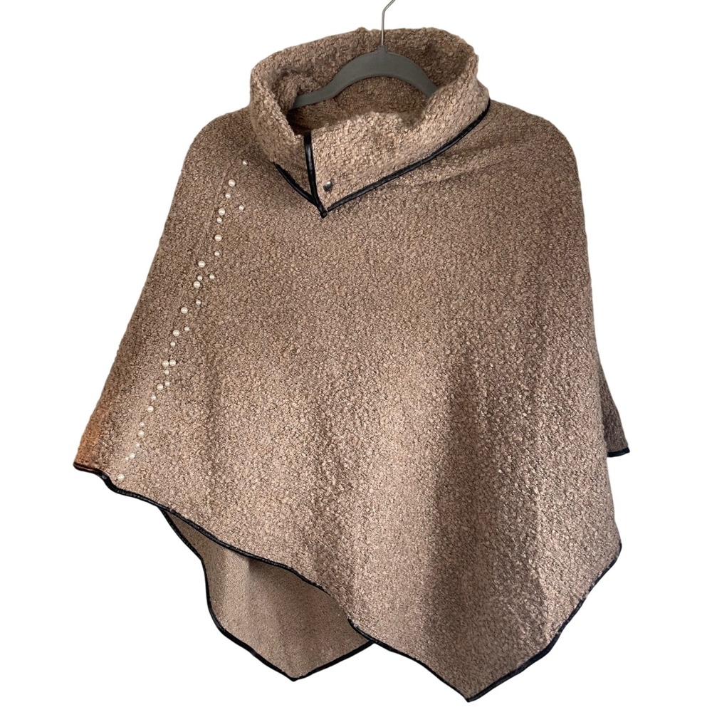 NWT Odiva Women Beige Boucle Knit Pearl Embellished Poncho‎ Cowl Neck